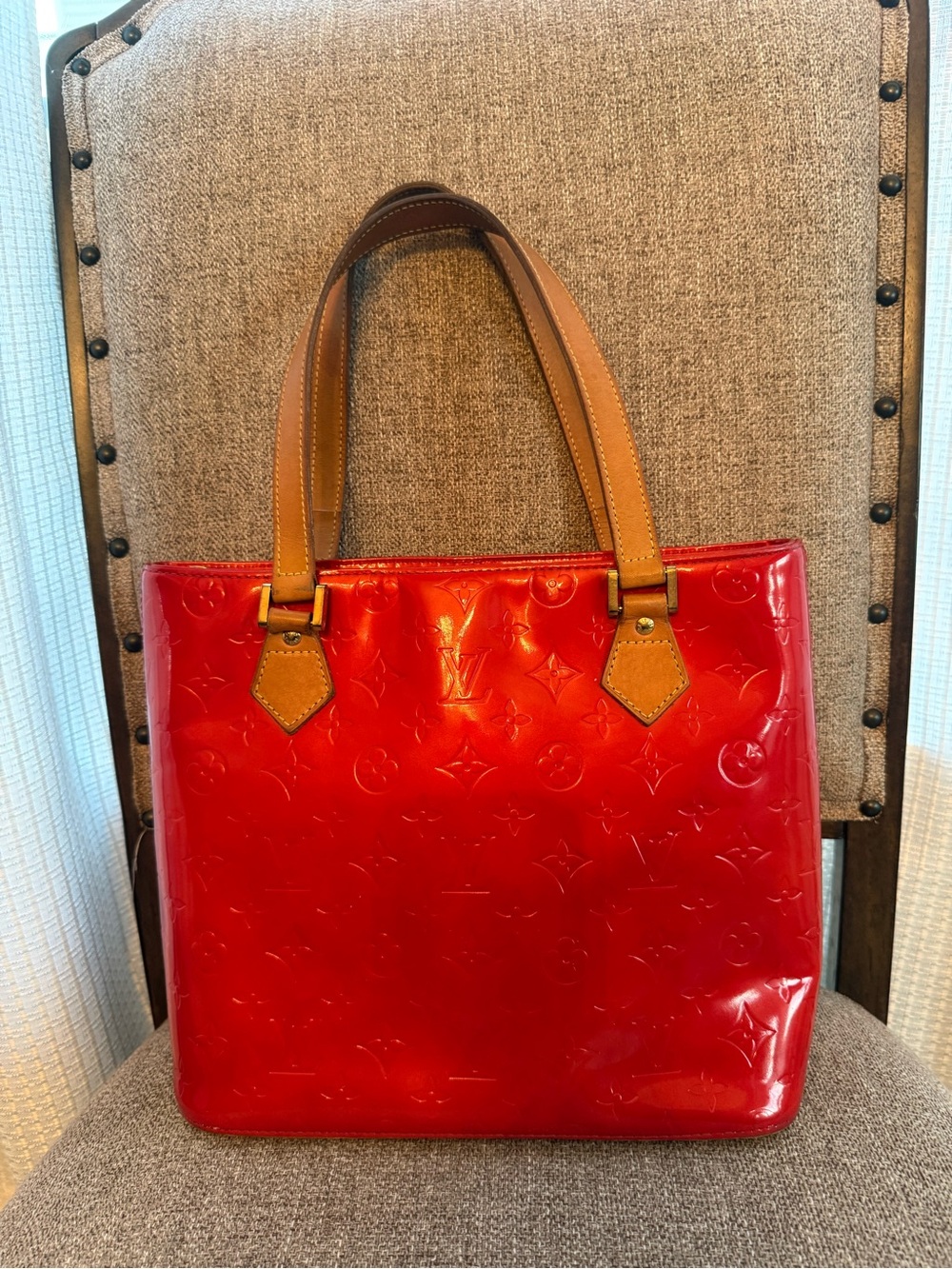 Louis Vuitton Red Patent Monogram Tote with Tan Handles